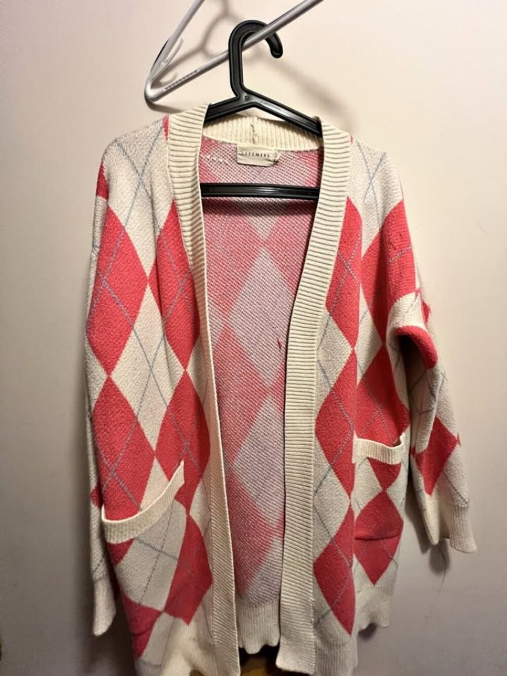 Dreamers by Debut Women's Argyle Cardigan Open Front Coral Pink Cream Size S/M